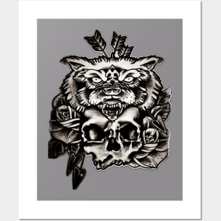 Skull with wolf headdress roses tattoo design Posters and Art